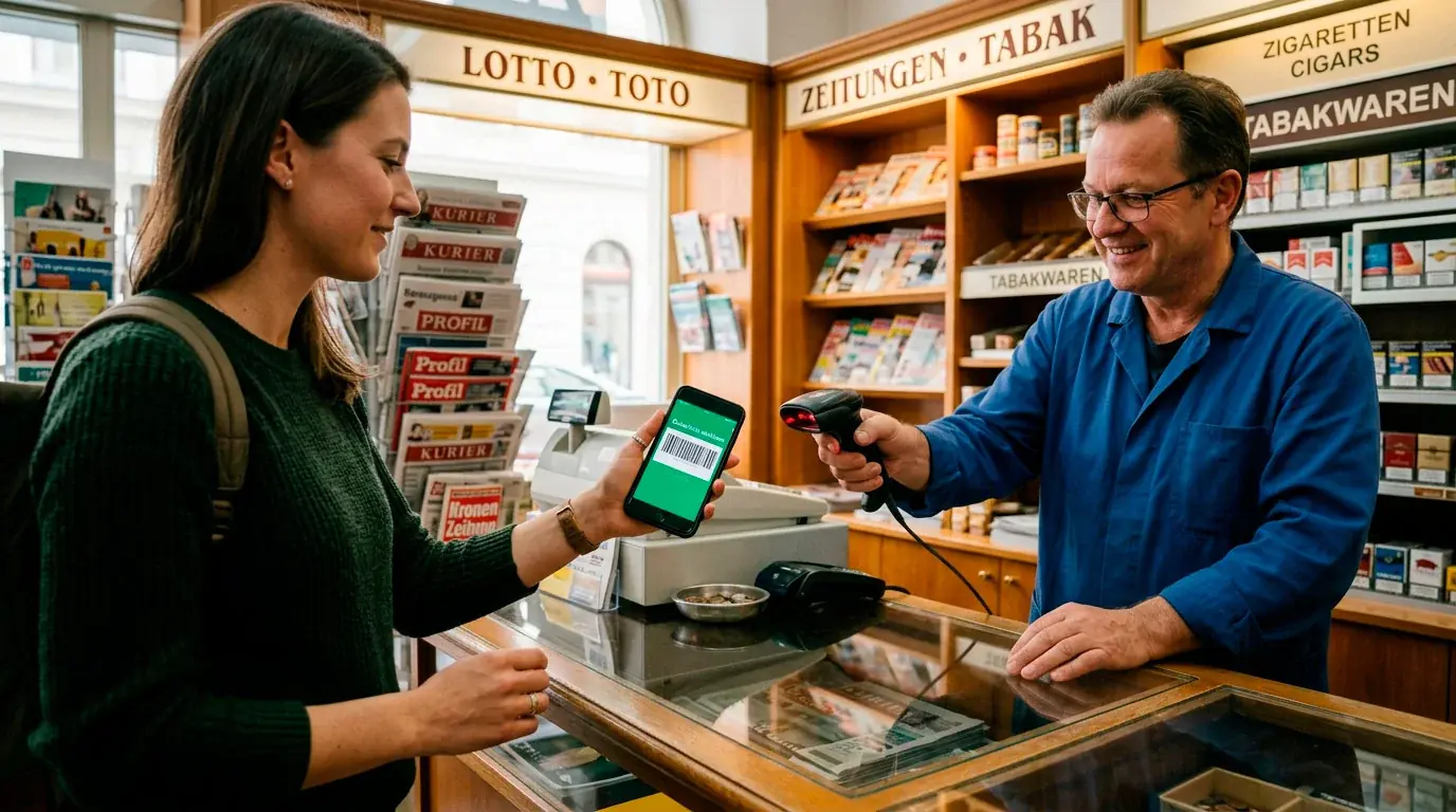 Kunde zeigt CashtoCode-Barcode auf dem Smartphone an der Kasse einer Verkaufsstelle