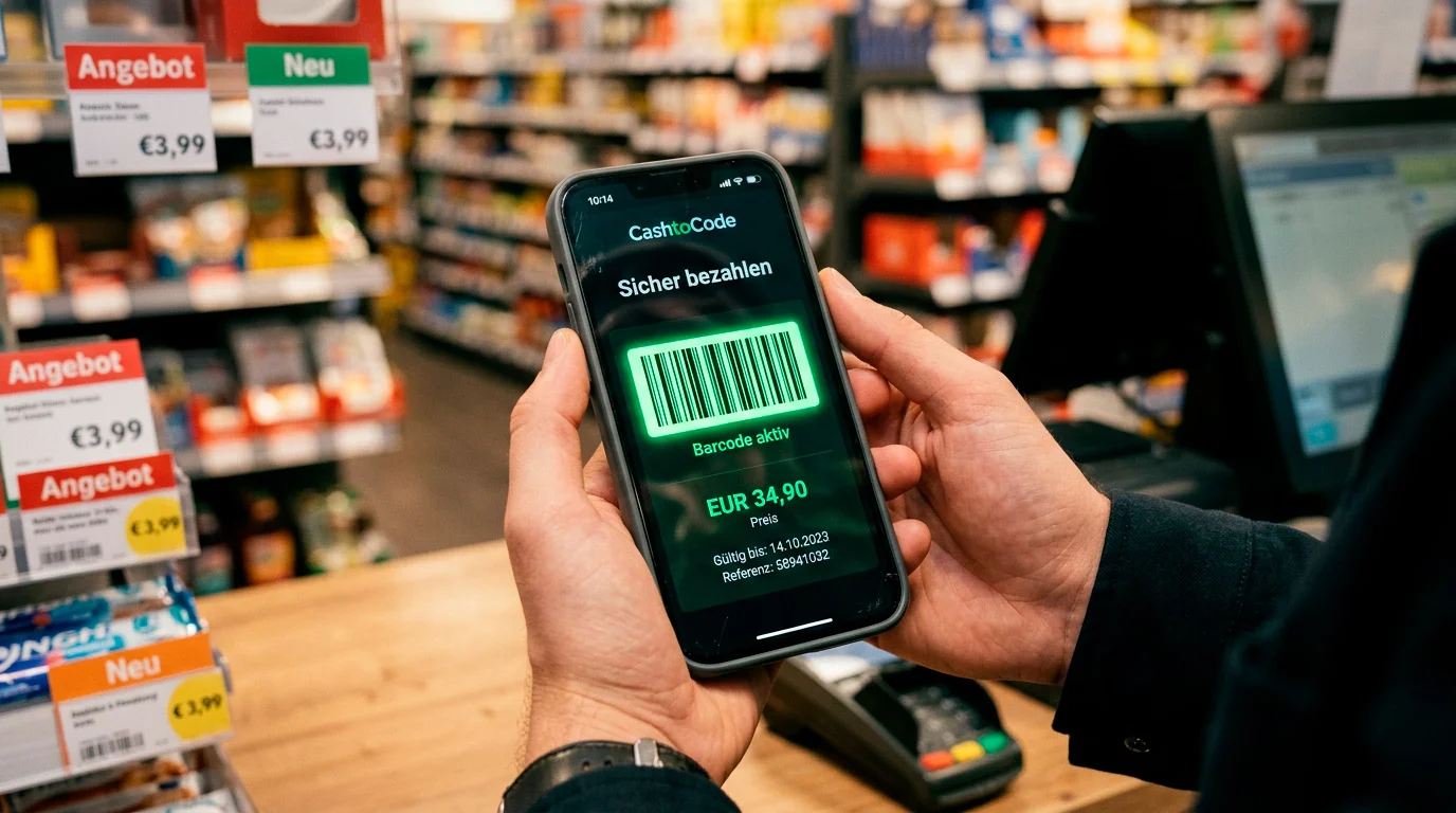 CashtoCode Barcode auf Smartphone-Bildschirm neben einer Sportwetten-Plattform